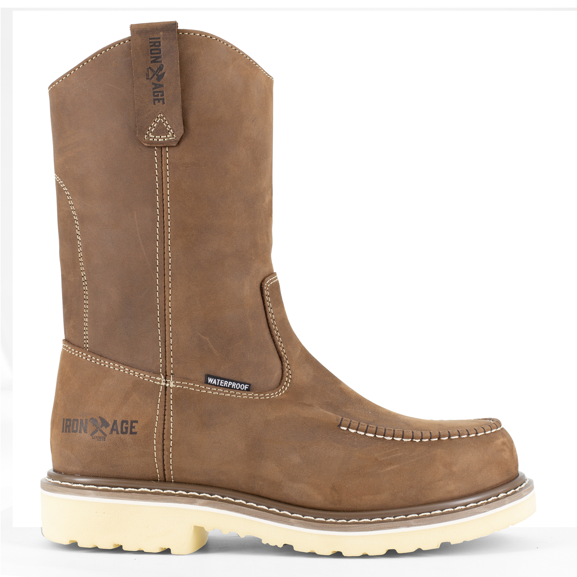 Iron Age, 11in. Pull-On Moc Toe Boot, Size 7, Width Wide, Color Brown, Model# IA5093